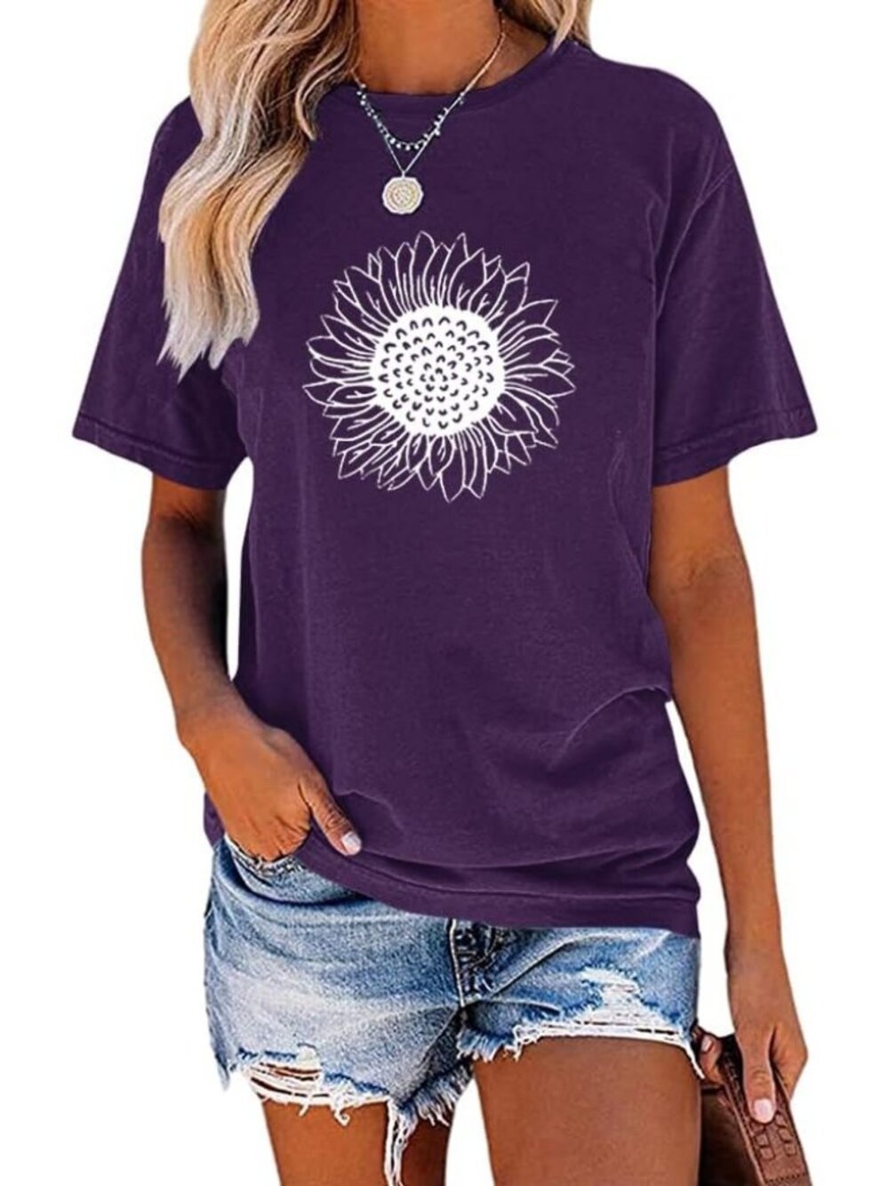 Women's Crew Neck Purple Short Sleeve Sunflower Graphic Vintage Tee Shirts Tops